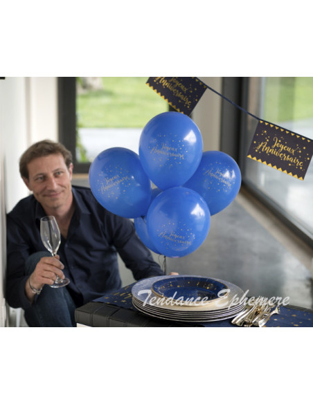 1 8 Ballons Joyeux Anniversaire Bleu Marine Or