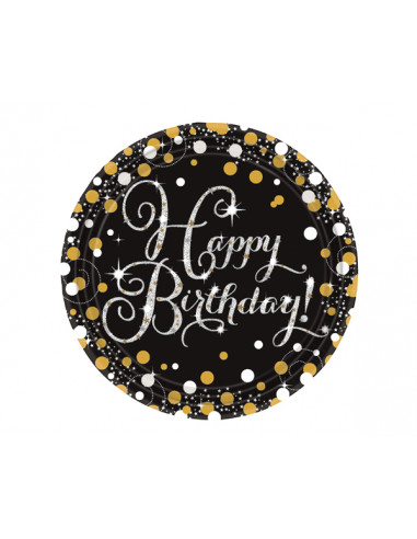 1 Assiette Carton Anniversaire Noir Or Argent 23cm