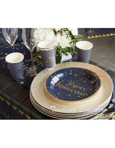 1 Assiette Carton Ronde Joyeux Anniversaire Bleu Or