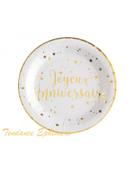 2 Assiette Carton Ronde Joyeux Anniversaire Or