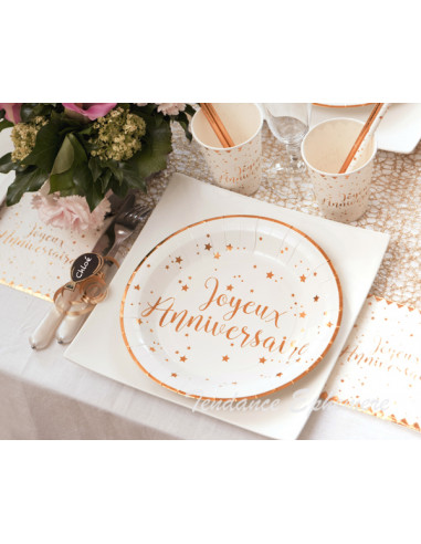 1 Assiette Carton Ronde Joyeux Anniversaire Rose Gold