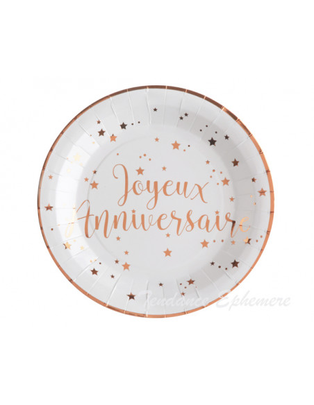 2 Assiette Carton Ronde Joyeux Anniversaire Rose Gold