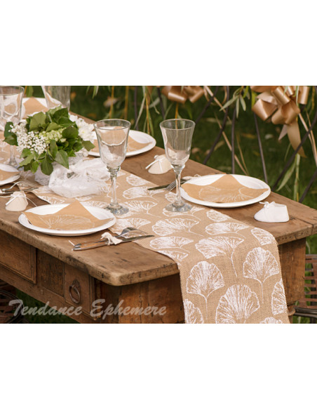 1 Chemin de Table Toile de Jute Feuille Ginkgo 3m