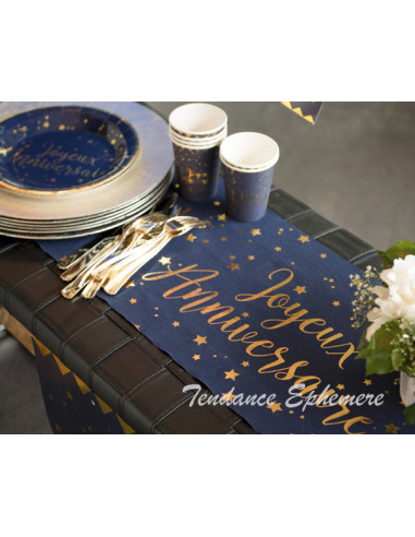 Chemin de Table Coton Joyeux Anniversaire Bleu Or 3m