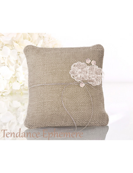 2 Coussin D alliances Jute Dentelle Ivoire 16cm