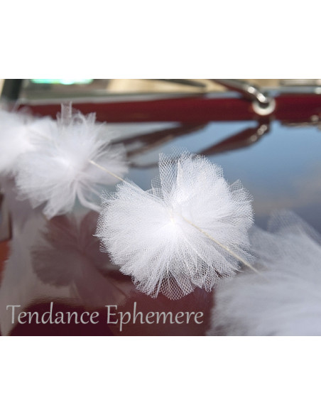 2 Décoration de Voiture Pompon Tulle Blanc 2m