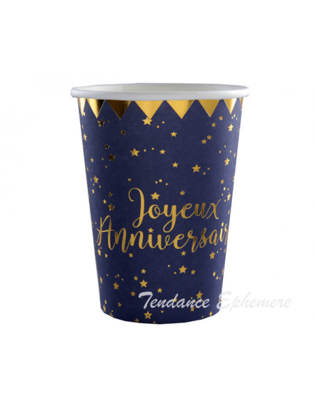 2 Gobelet Carton Joyeux Anniversaire Bleu Or 25cl