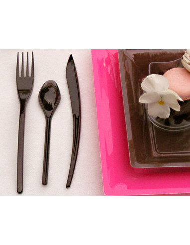 Couvert en plastique Chocolat - 10 Personnes - Fourchette, Couteau, cuillère