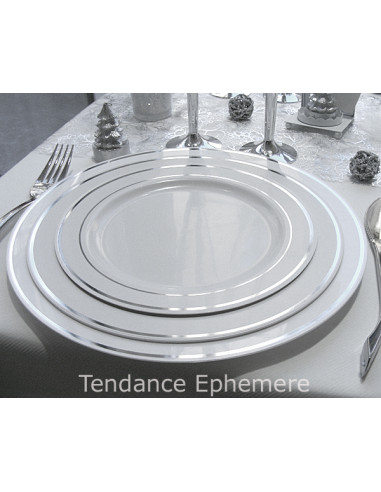 Assiette Plastique Ronde Blanche Lisere Argent 19cm - 20