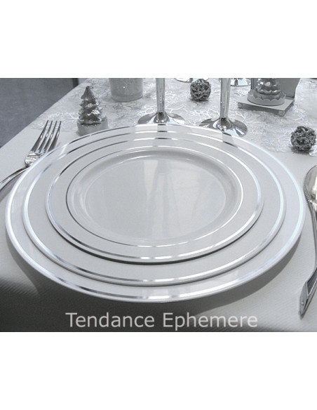 1 Assiette Plastique Ronde Blanche Liseré Argent 23cm - 20