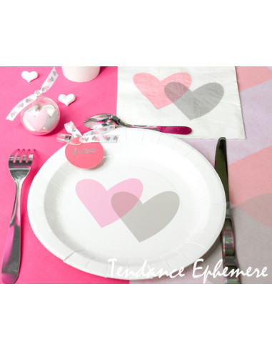 1 Assiette Carton Coeur Rose Gris 23cm