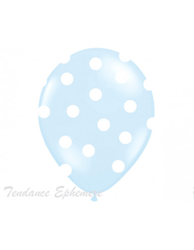 1 6 Ballons Bleu Pastel Pois Blanc 30cm