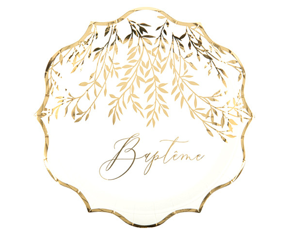 Assiette Carton Bapteme Brins Blanc Or