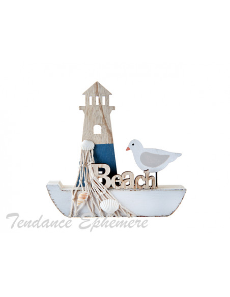 2 Bateau Pêche Bois et Mouette 15cm